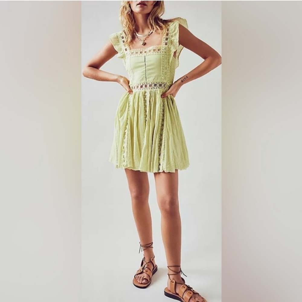 Free People Pale Lime Crochet Trim Mini Dress